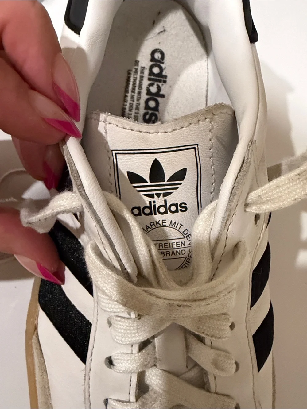adidas White Sneakers with Black Stripes and Gum Sole